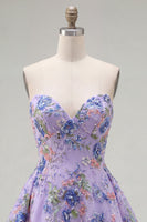 Load image into Gallery viewer, Sparkly Purple Floral A Line Beaded Short Strapless Homecoming Dress
