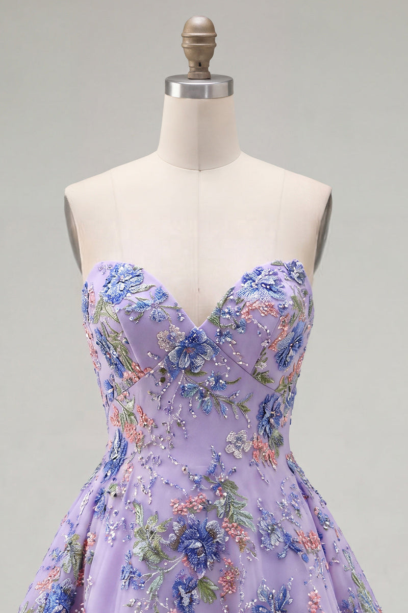 Load image into Gallery viewer, Sparkly Purple Floral A Line Beaded Short Strapless Homecoming Dress