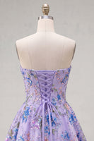 Load image into Gallery viewer, Sparkly Purple Floral A Line Beaded Short Strapless Homecoming Dress
