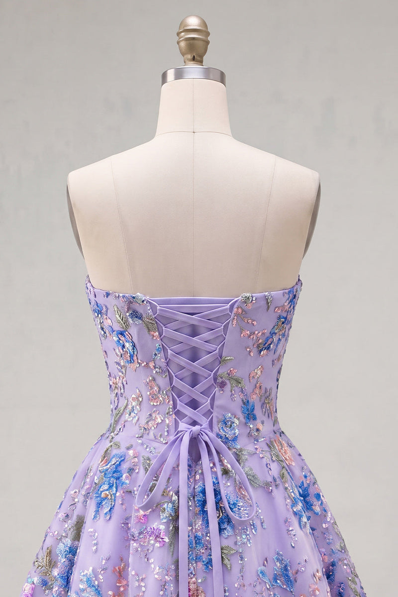 Load image into Gallery viewer, Sparkly Purple Floral A Line Beaded Short Strapless Homecoming Dress