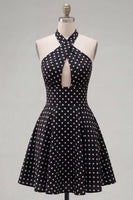 Load image into Gallery viewer, Black White Dot Halter A Line Keyhole Short Homecoming Dress
