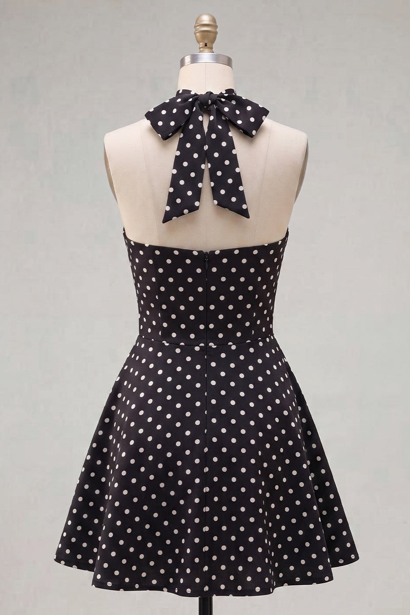 Load image into Gallery viewer, Black White Dot Halter A Line Keyhole Short Homecoming Dress