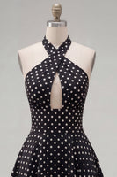 Load image into Gallery viewer, Black White Dot Halter A Line Keyhole Short Homecoming Dress