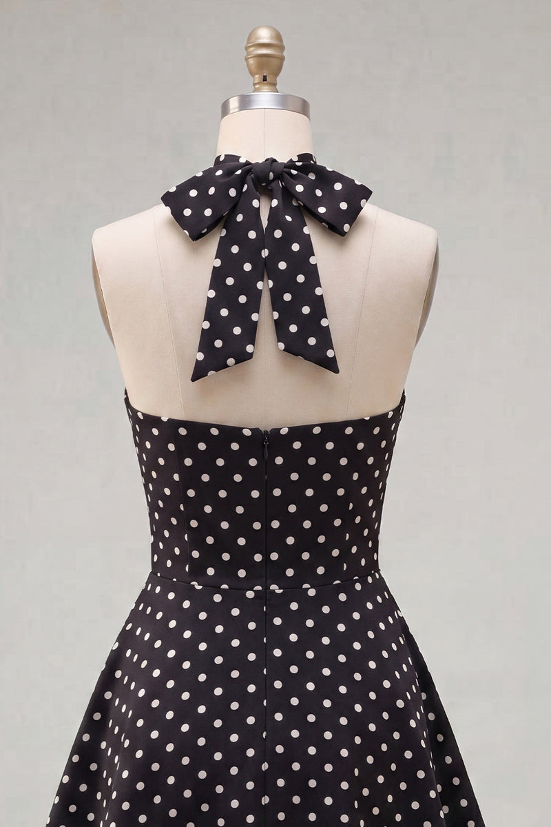 Load image into Gallery viewer, Black White Dot Halter A Line Keyhole Short Homecoming Dress
