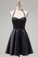 Load image into Gallery viewer, Black Halter A Line Short Homecoming Dress with Beading