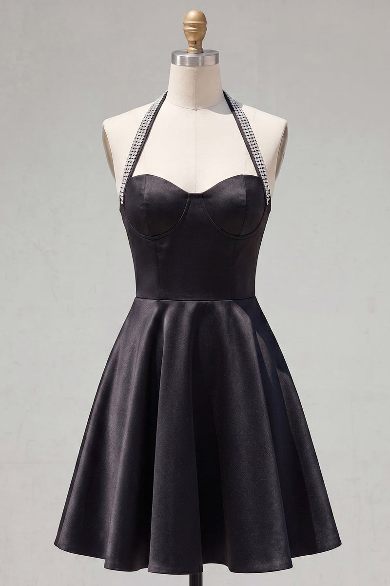 Load image into Gallery viewer, Black Halter A Line Short Homecoming Dress with Beading