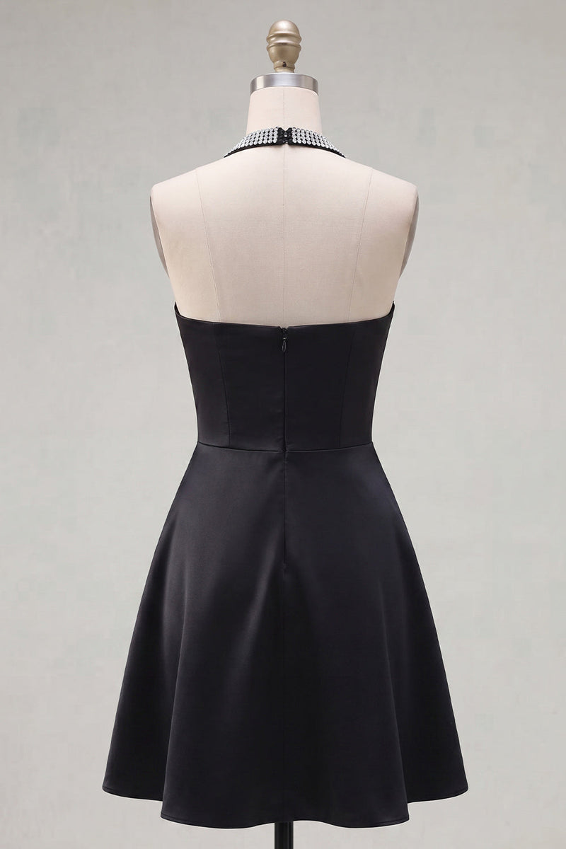 Load image into Gallery viewer, Black Halter A Line Short Homecoming Dress with Beading