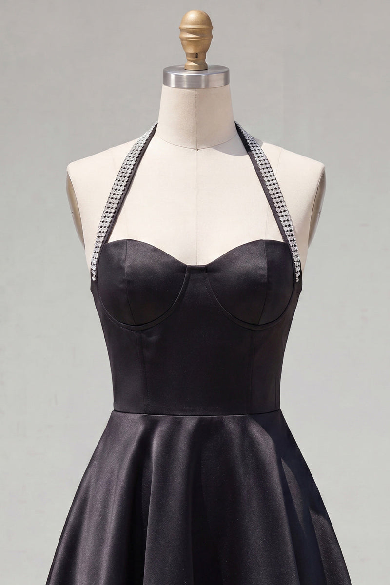 Load image into Gallery viewer, Black Halter A Line Short Homecoming Dress with Beading