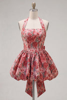 Load image into Gallery viewer, Red Flower Jacquard Halter A Line Short Homecoming Dress with Bow