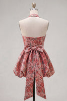 Load image into Gallery viewer, Red Flower Jacquard Halter A Line Short Homecoming Dress with Bow