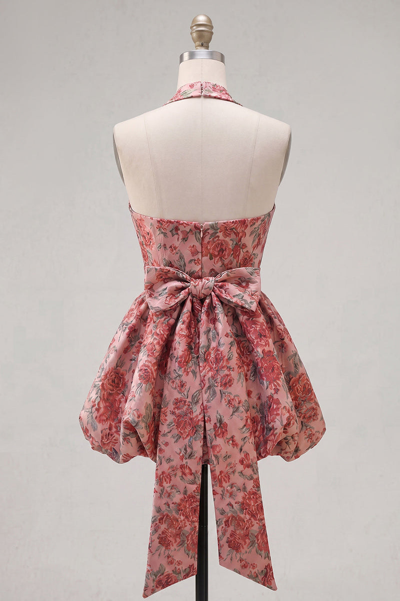 Load image into Gallery viewer, Red Flower Jacquard Halter A Line Short Homecoming Dress with Bow