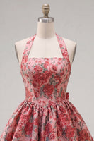 Load image into Gallery viewer, Red Flower Jacquard Halter A Line Short Homecoming Dress with Bow