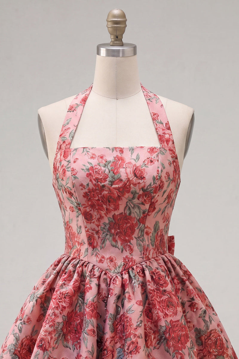 Load image into Gallery viewer, Red Flower Jacquard Halter A Line Short Homecoming Dress with Bow