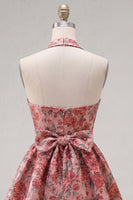 Load image into Gallery viewer, Red Flower Jacquard Halter A Line Short Homecoming Dress with Bow