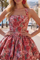 Load image into Gallery viewer, Red Flower Jacquard Halter A Line Short Homecoming Dress with Bow