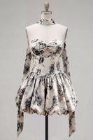 Load image into Gallery viewer, White Black Flower Strapless A Line Keyhole Short Homecoming Dress