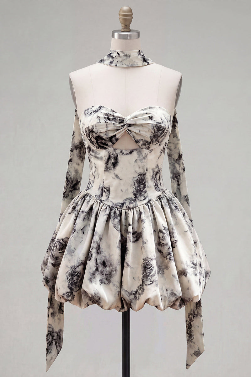 Load image into Gallery viewer, White Black Flower Strapless A Line Keyhole Short Homecoming Dress