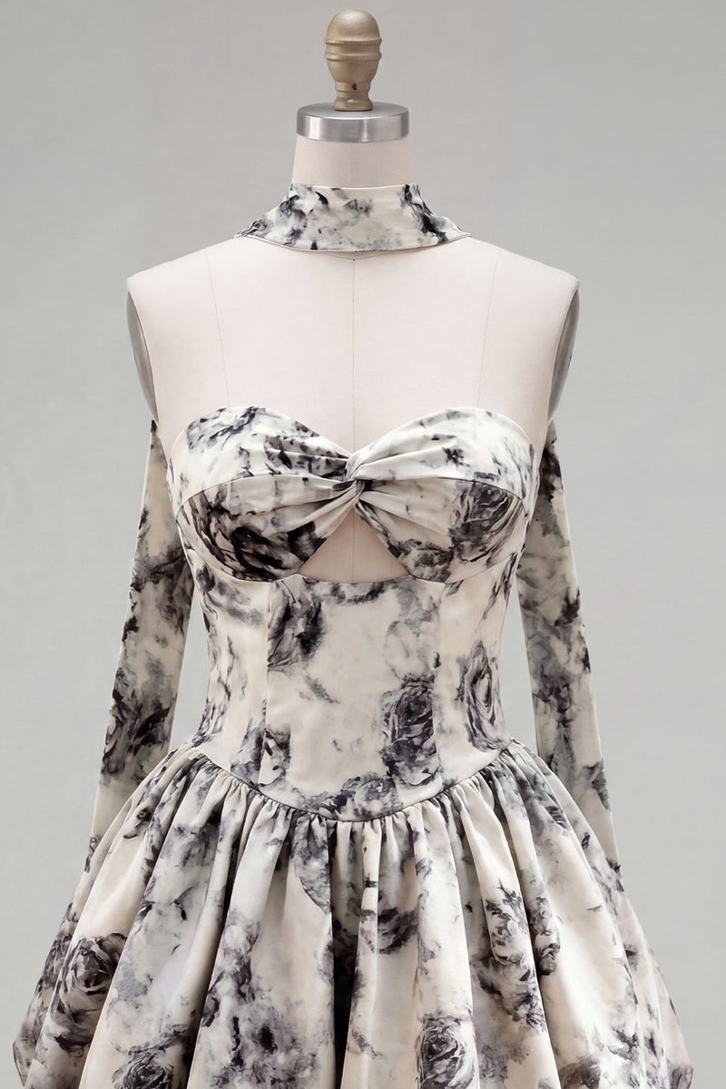 Load image into Gallery viewer, White Black Flower Strapless A Line Keyhole Short Homecoming Dress