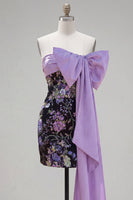 Load image into Gallery viewer, Sparkly Black Floral Strapless Sequin Tight Short Homecoming Dress with Bow