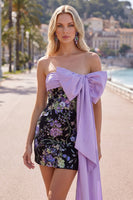 Load image into Gallery viewer, Sparkly Black Floral Strapless Sequin Tight Short Homecoming Dress with Bow