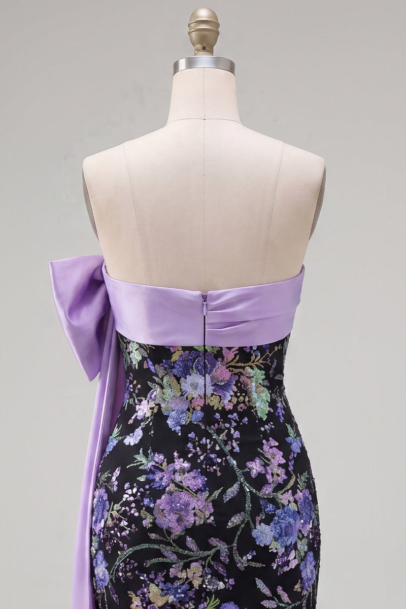 Load image into Gallery viewer, Sparkly Black Floral Strapless Sequin Tight Short Homecoming Dress with Bow