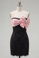 Load image into Gallery viewer, Black Pink Floral Strapless Beaded Tight Short Corset Homecoming Dress with Bow