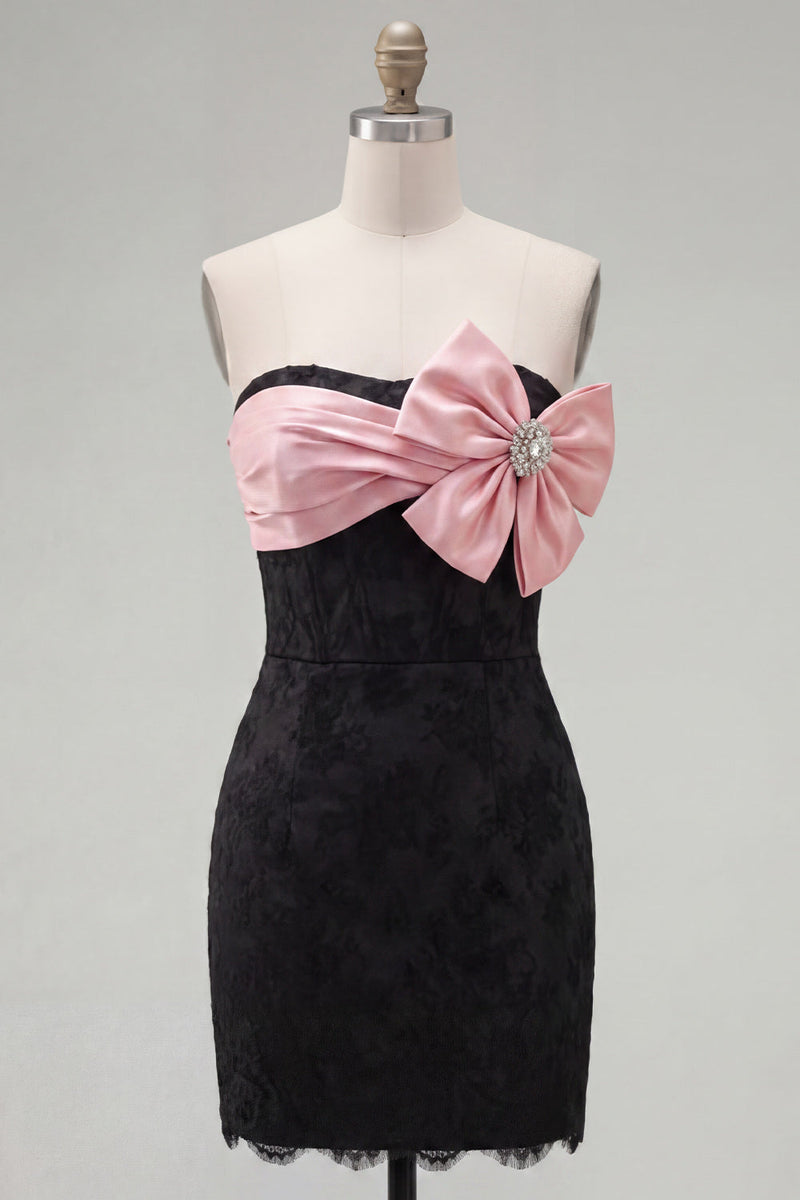 Load image into Gallery viewer, Black Pink Floral Strapless Beaded Tight Short Corset Homecoming Dress with Bow