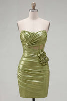 Load image into Gallery viewer, Green Corset Ruched Strapless Short Tight Homecoming Dress with 3D Flowers