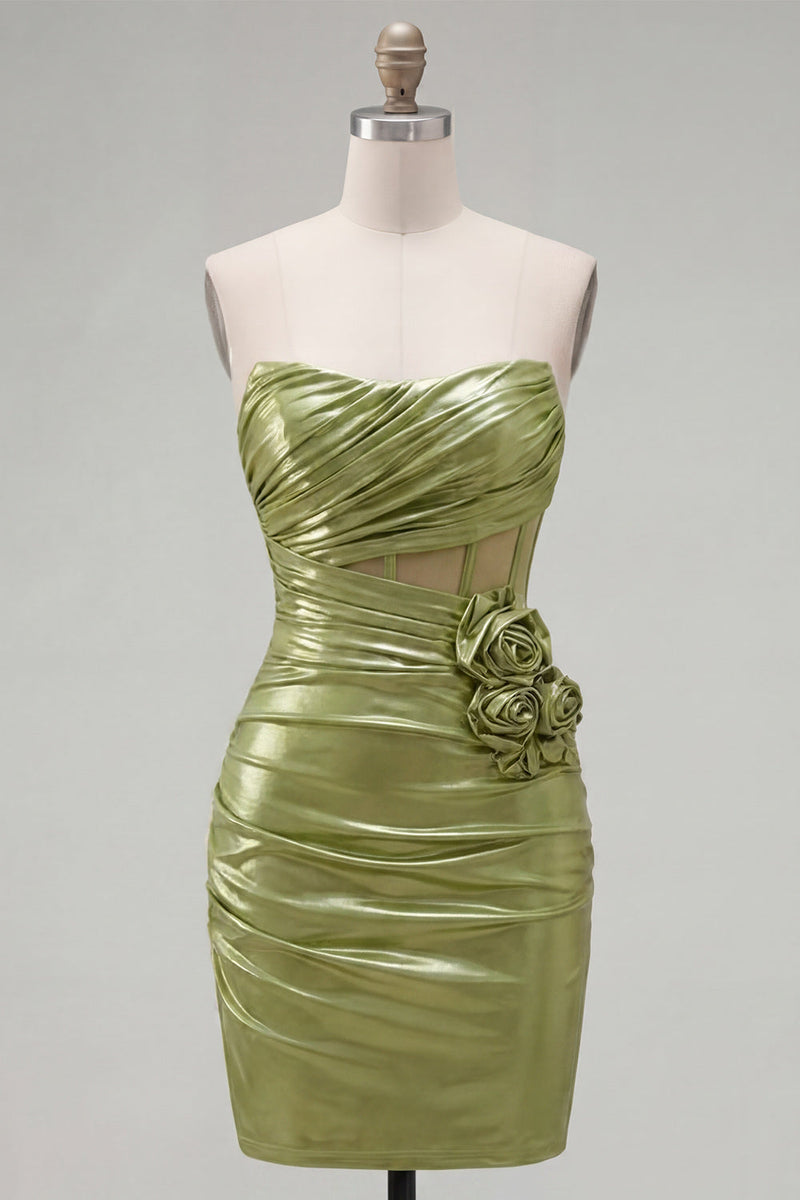 Load image into Gallery viewer, Green Corset Ruched Strapless Short Tight Homecoming Dress with 3D Flowers