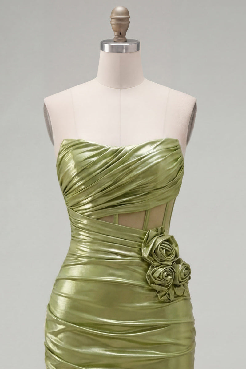 Load image into Gallery viewer, Green Corset Ruched Strapless Short Tight Homecoming Dress with 3D Flowers