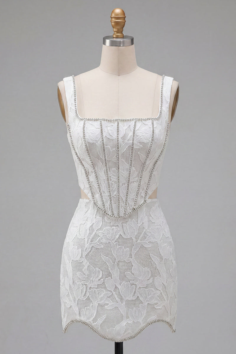 Load image into Gallery viewer, Floral White Square Neck Cut Out Corset Tight Short Homecoming Dress