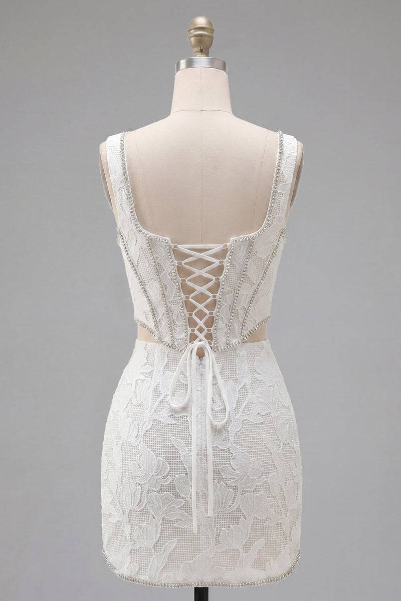 Load image into Gallery viewer, Floral White Square Neck Cut Out Corset Tight Short Homecoming Dress
