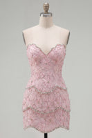 Load image into Gallery viewer, Sparkly Pink Floral Tight Strapless Short Homecoming Dress with Pearls