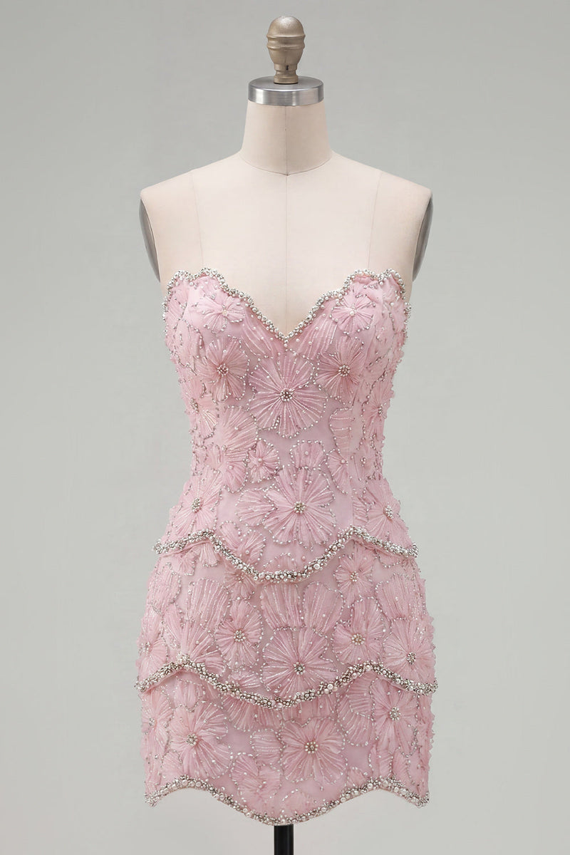 Load image into Gallery viewer, Sparkly Pink Floral Tight Strapless Short Homecoming Dress with Pearls