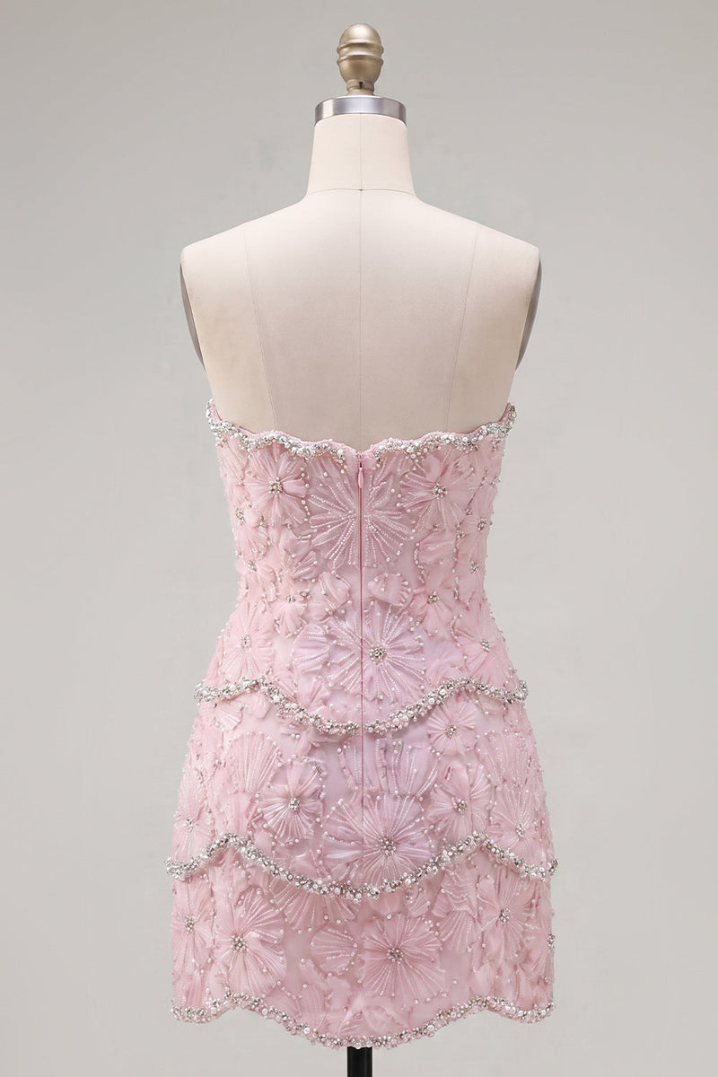 Load image into Gallery viewer, Sparkly Pink Floral Tight Strapless Short Homecoming Dress with Pearls