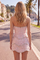 Load image into Gallery viewer, Sparkly Pink Floral Tight Strapless Short Homecoming Dress with Pearls