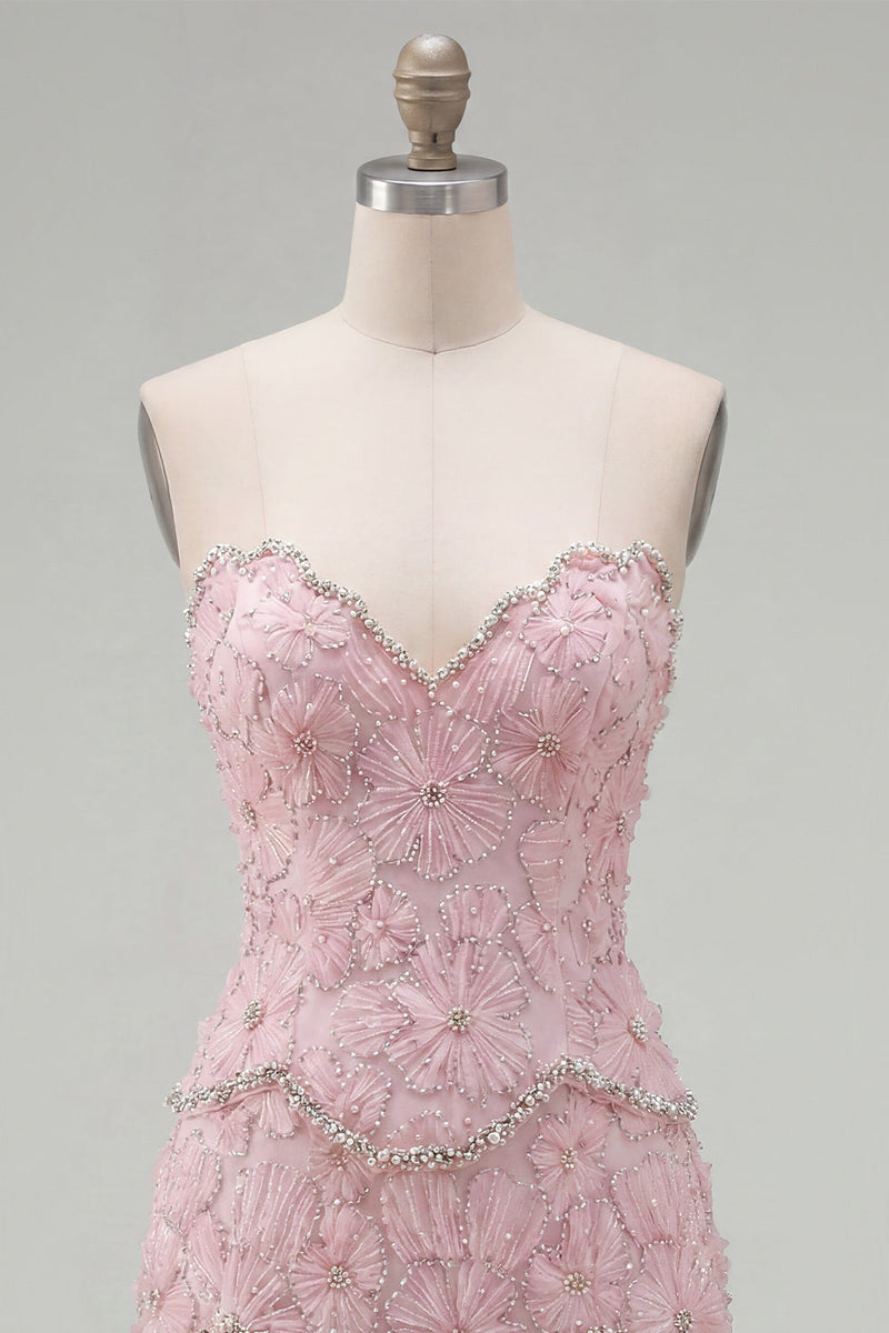 Load image into Gallery viewer, Sparkly Pink Floral Tight Strapless Short Homecoming Dress with Pearls
