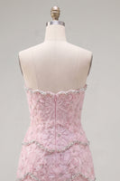 Load image into Gallery viewer, Sparkly Pink Floral Tight Strapless Short Homecoming Dress with Pearls