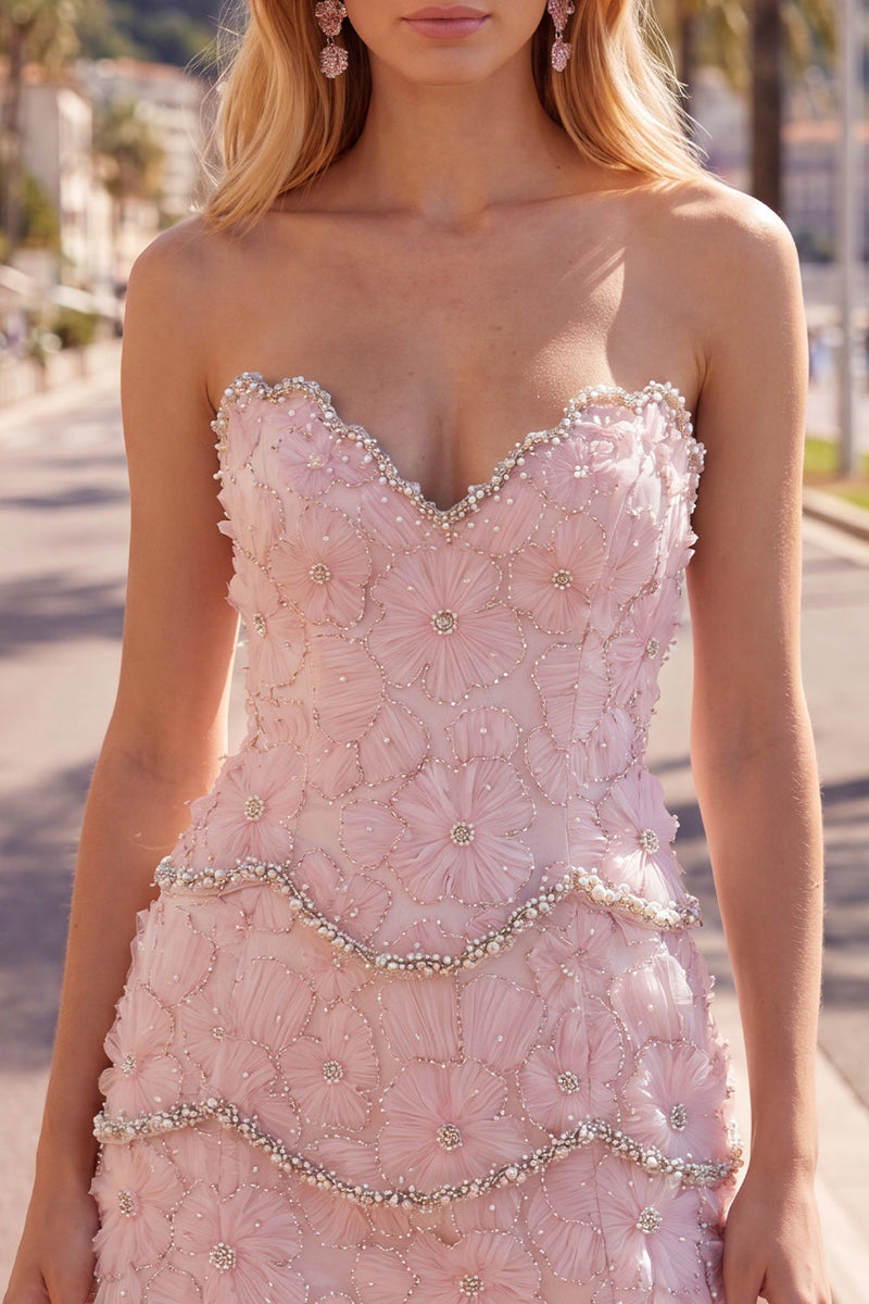 Load image into Gallery viewer, Sparkly Pink Floral Tight Strapless Short Homecoming Dress with Pearls