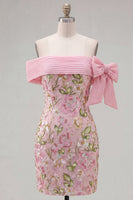 Load image into Gallery viewer, Sparkly Floral Pink Tight Beaded Short Homecoming Dress with Bow