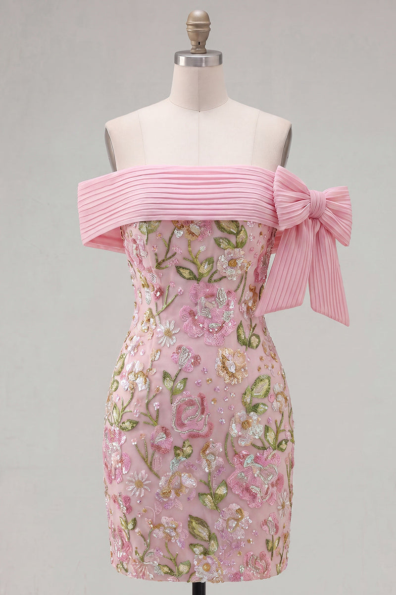 Load image into Gallery viewer, Sparkly Floral Pink Tight Beaded Short Homecoming Dress with Bow