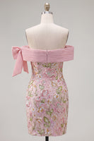 Load image into Gallery viewer, Sparkly Floral Pink Tight Beaded Short Homecoming Dress with Bow
