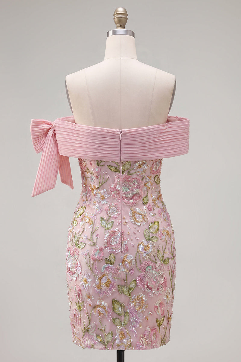 Load image into Gallery viewer, Sparkly Floral Pink Tight Beaded Short Homecoming Dress with Bow