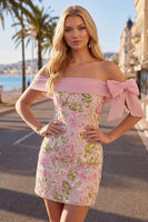 Load image into Gallery viewer, Sparkly Floral Pink Tight Beaded Short Homecoming Dress with Bow