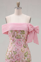 Load image into Gallery viewer, Sparkly Floral Pink Tight Beaded Short Homecoming Dress with Bow