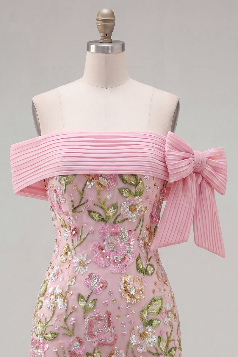 Load image into Gallery viewer, Sparkly Floral Pink Tight Beaded Short Homecoming Dress with Bow