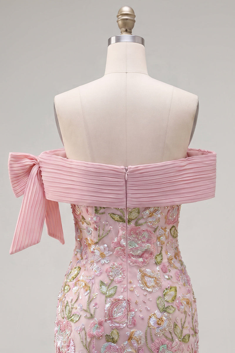 Load image into Gallery viewer, Sparkly Floral Pink Tight Beaded Short Homecoming Dress with Bow