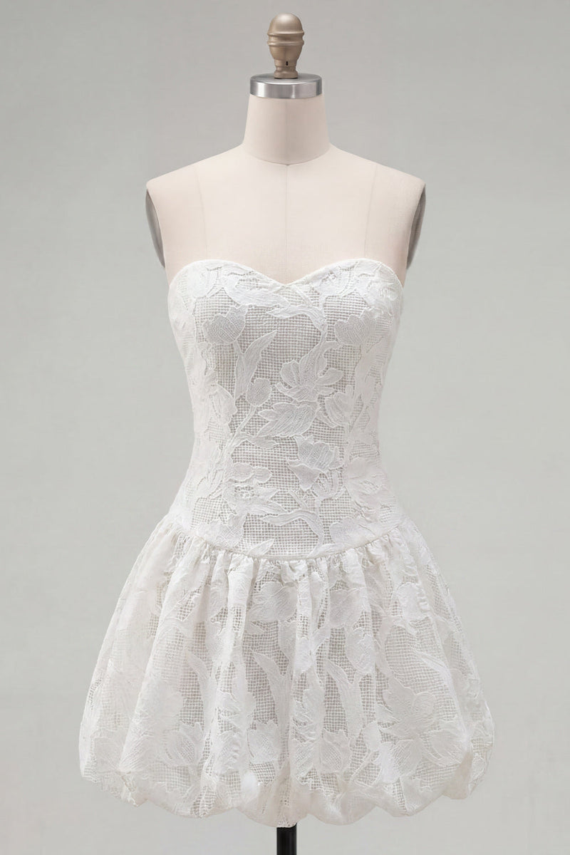 Load image into Gallery viewer, White A Line Strapless Floral Short Homecoming Dress