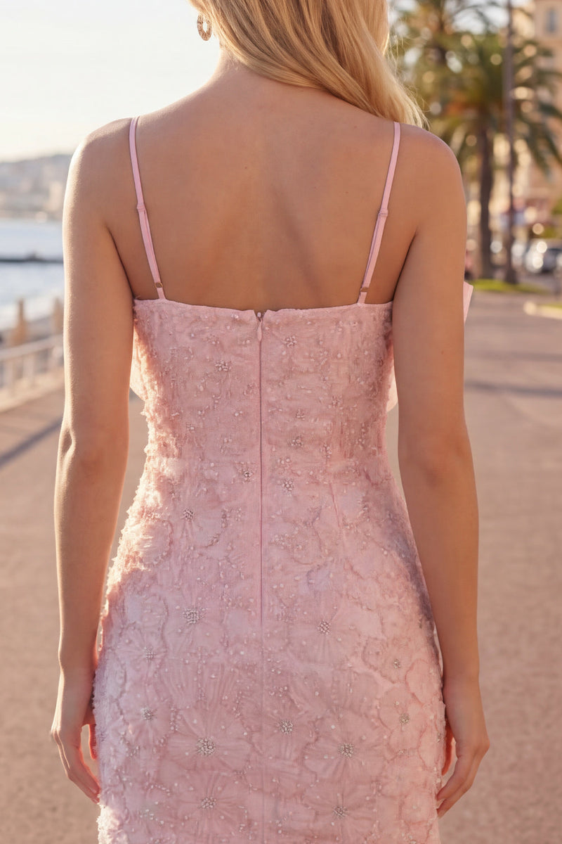 Load image into Gallery viewer, Sparkly Pink Spaghetti Straps Tight Floral Short Homecoming Dress with Pearls