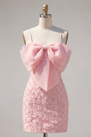 Load image into Gallery viewer, Sparkly Pink Spaghetti Straps Tight Floral Short Homecoming Dress with Pearls